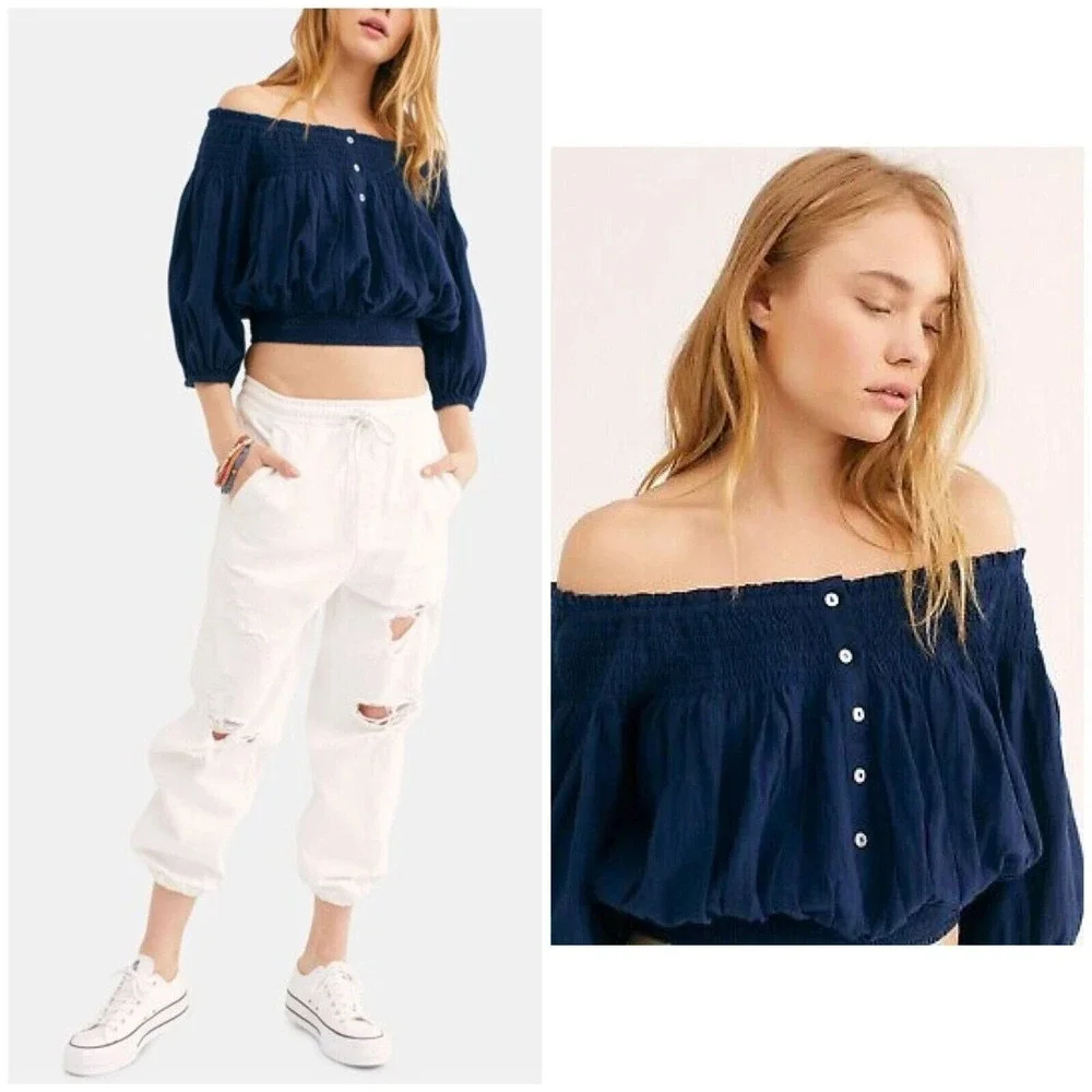 NEW Free People Navy Dancing Till Dawn Off the Shoulder Cotton Cropped Top Sz XS